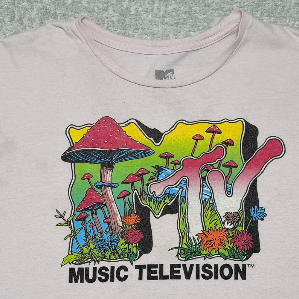 MTV Mens T-Shirt XL Light Pink Mushroom Psychedelic Graphic Music Television Tee - Picture 2 of 9